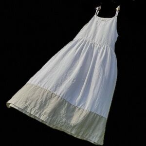 Voluminous Linen Maxi Dress White/Grey Colour Block Sundress Made in EU Size XL